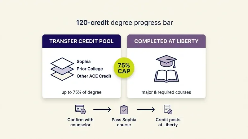 Diagram showing Liberty's 120-credit degree split into a transfer credit pool (Sophia, prior college, and other ACE-recommended credit, capped at 75%) and the remaining coursework completed at Liberty, with a 3-step flow for confirming, completing, and posting Sophia credit
