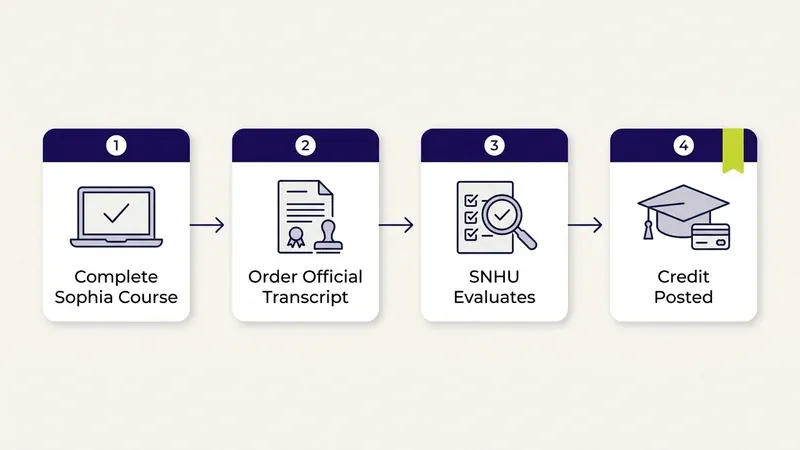 Four-step flow diagram showing how Sophia credit reaches an SNHU transcript: complete the course, order the official transcript, SNHU evaluates it, then credit posts to your record