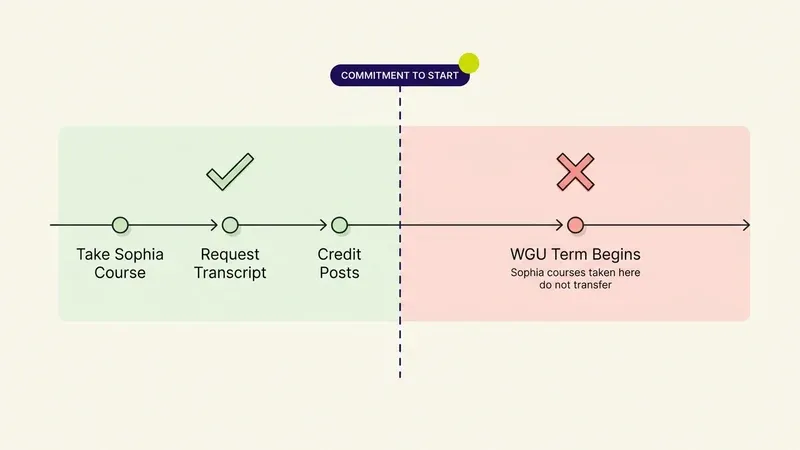 Timeline diagram showing Sophia courses, transcript request, and posted credit happening before WGU's Commitment to Start, versus Sophia coursework taken after the term begins not counting toward transfer