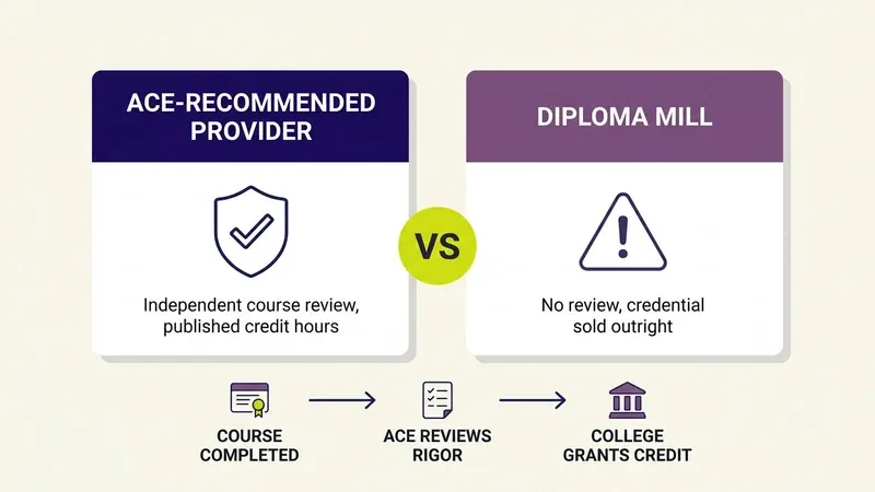 Diagram comparing an ACE-recommended credit provider against a diploma mill, plus the three-step flow from course completion to ACE review to a college granting credit