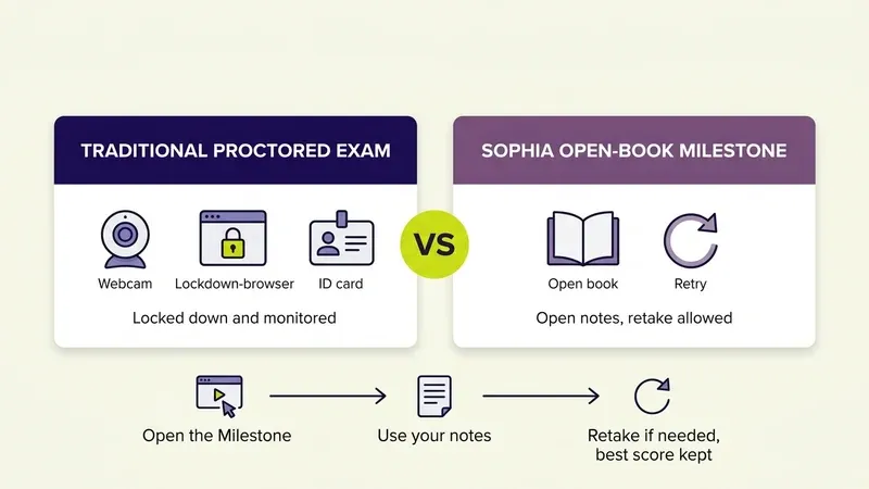 Diagram comparing a traditional proctored exam (webcam, lockdown browser, ID check) with Sophia's open-book Milestone flow (open notes, retake allowed, best score kept)