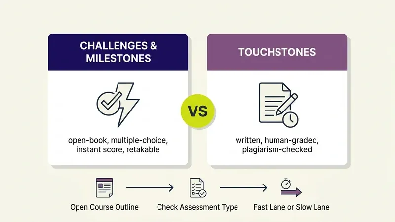 Comparison diagram of Sophia Learning assessment types: Challenges and Milestones as instant, open-book, multiple-choice checks versus Touchstones as written, human-graded, plagiarism-checked assignments, with a 3-step flow from course outline to assessment type to pace