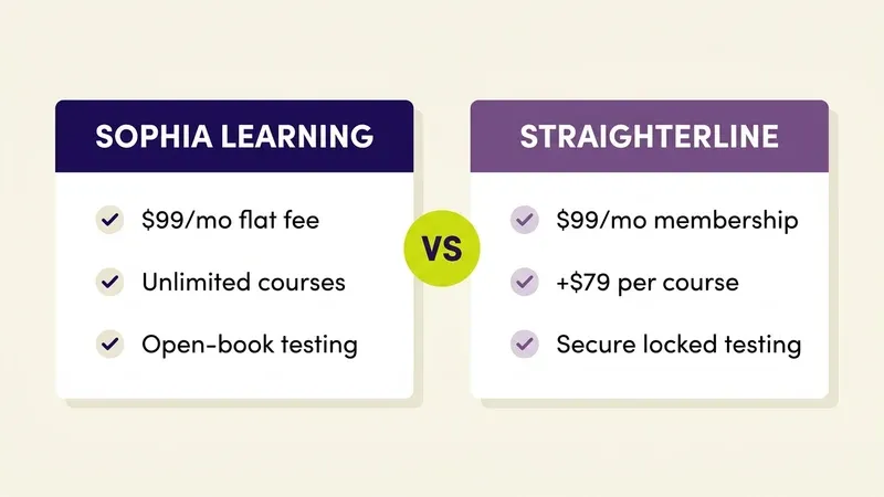 Side-by-side comparison diagram of Sophia Learning versus StraighterLine, showing Sophia's flat $99/mo unlimited-course open-book model next to StraighterLine's $99/mo membership plus $79 per-course secure-testing model
