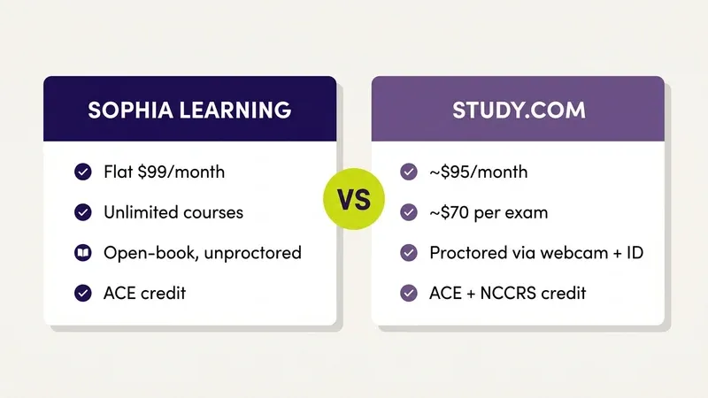 Side-by-side comparison diagram of Sophia Learning and Study.com showing monthly price, per-exam cost, proctoring format, and credit recommendation